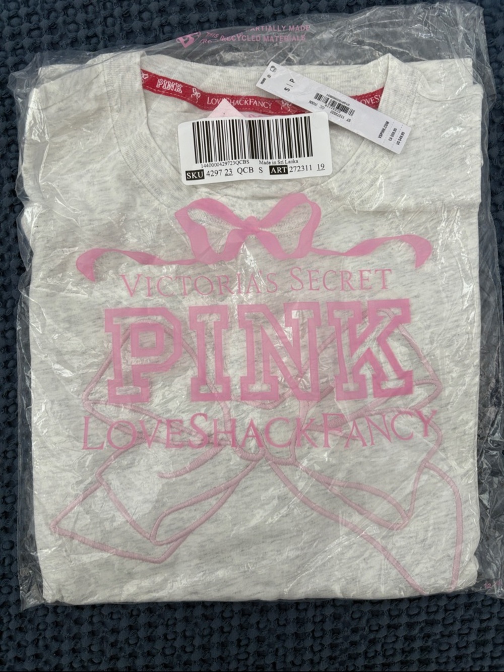 LoveShackFancy x PINK Limited Edition Campus Cotton Tee in "Snow Heather" Sz S